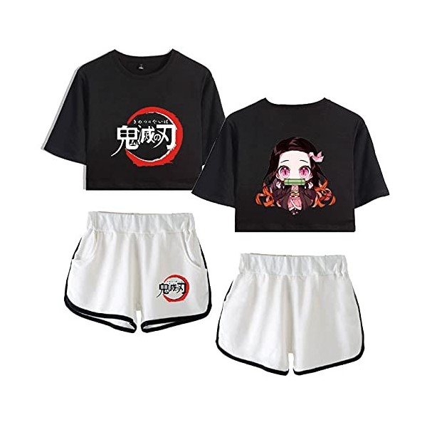 Yumenam Femme Demon Slayer Anime 2PCS Survêtement Kamado Nezuko Imprimé Crop Tops + Shorts Ensemble Casual Manches Courtes Te