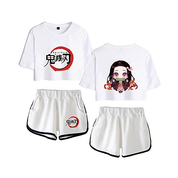 Yumenam Femme Demon Slayer Anime 2PCS Survêtement Kamado Nezuko Imprimé Crop Tops + Shorts Ensemble Casual Manches Courtes Te