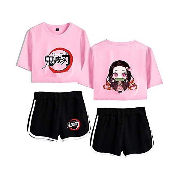 Yumenam Femme Demon Slayer Anime 2PCS Survêtement Kamado Nezuko Imprimé Crop Tops + Shorts Ensemble Casual Manches Courtes Te