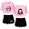 Yumenam Femme Demon Slayer Anime 2PCS Survêtement Kamado Nezuko Imprimé Crop Tops + Shorts Ensemble Casual Manches Courtes Te