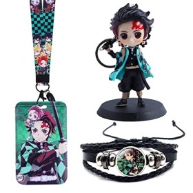 HERMJ Ensemble Cadeau Demon Slayer Merch,Demon Slayer Porte-clés+Demon Slayer Bracelet+Porte-Badge avec Lanière Motif Demon S