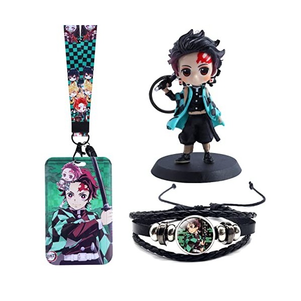 HERMJ Ensemble Cadeau Demon Slayer Merch,Demon Slayer Porte-clés+Demon Slayer Bracelet+Porte-Badge avec Lanière Motif Demon S