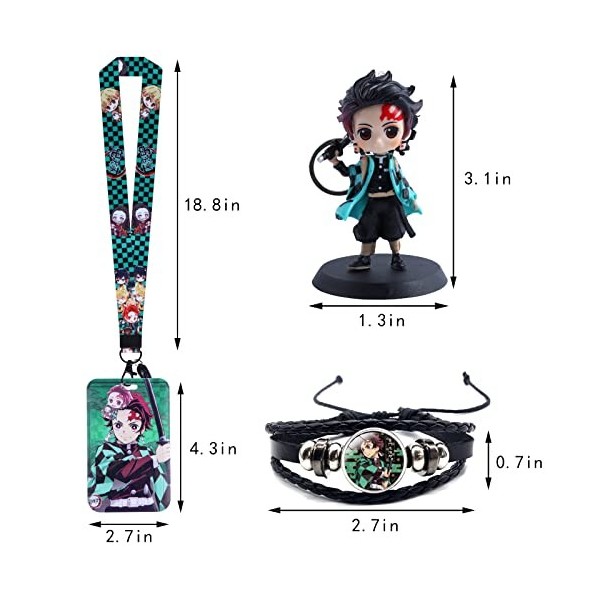 HERMJ Ensemble Cadeau Demon Slayer Merch,Demon Slayer Porte-clés+Demon Slayer Bracelet+Porte-Badge avec Lanière Motif Demon S
