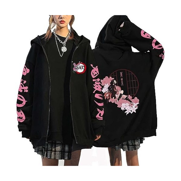 zhedu Demon Slayer Sweat à Capuche Zippé Kamado Nezuko Graphique Harajuku Manches Longues Y2k Décontracté Surdimensionné Hip 