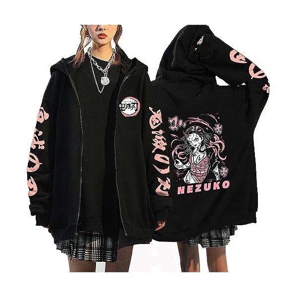 zhedu Demon Slayer Sweat à Capuche Zippé Kamado Nezuko Graphique Harajuku Manches Longues Y2k Décontracté Surdimensionné Hip
