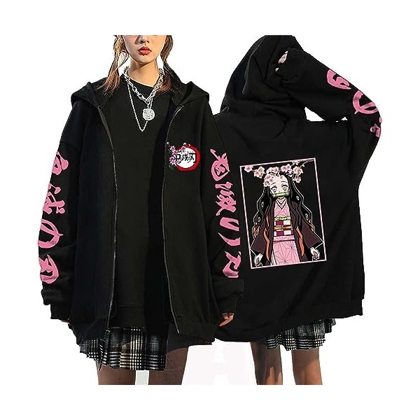 zhedu Demon Slayer Sweat à Capuche Zippé Kamado Nezuko Graphique Harajuku Manches Longues Y2k Décontracté Surdimensionné Hip 