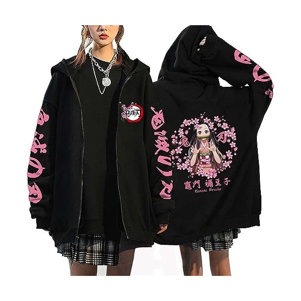 zhedu Demon Slayer Sweat à Capuche Zippé Kamado Nezuko Graphique Harajuku Manches Longues Y2k Décontracté Surdimensionné Hip 
