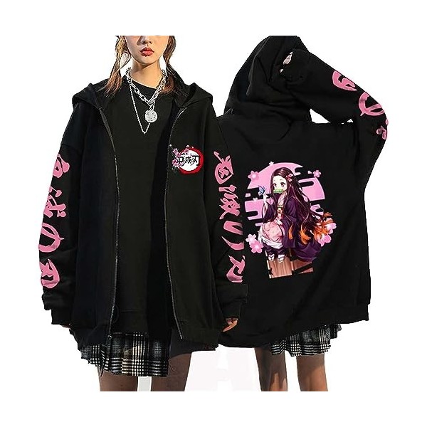 zhedu Demon Slayer Sweat à Capuche Zippé Kamado Nezuko Graphique Harajuku Manches Longues Y2k Décontracté Surdimensionné Hip 