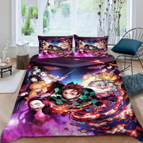 FAIRZ Housse de Couette 90x190 - Demon Slayer Parure de Lit 1 Personne en Microfibre avec Fermeture Éclair, Parure Housse Cou