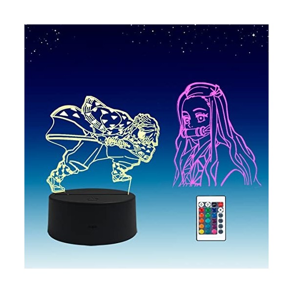 2 en 1,Demon Slayer, Kamado Nezuko,Agatsuma Zenitsu,lampe led anime illusion 3D, télécommande RVB à 16 couleurs, veilleuse de