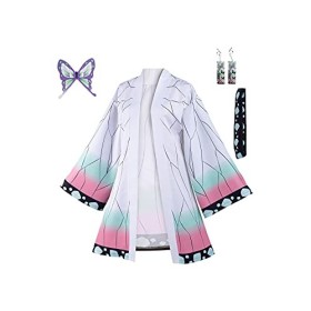 Demon Slayer Kimono Kochou Shinobu Cosplay Costume Femme Anime Cosplay Cardigan Cape Robe Boucles doreilles Ensemble, blanc,