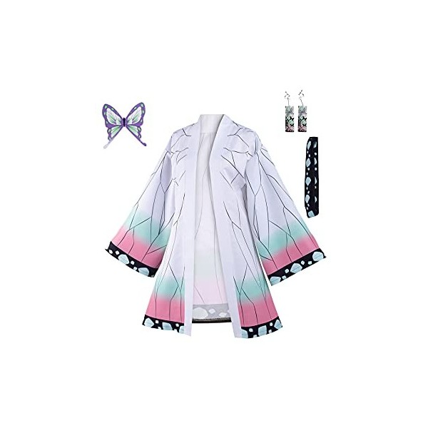 Demon Slayer Kimono Kochou Shinobu Cosplay Costume Femme Anime Cosplay Cardigan Cape Robe Boucles doreilles Ensemble, blanc,