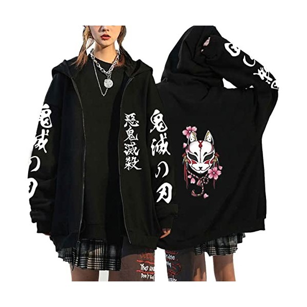 Femme Japonais Anime Pullover Veste Demon Slayer Hoodies Sweats à Capuche Anime Zip-up Pull Cosplay Unisex S, Noir2