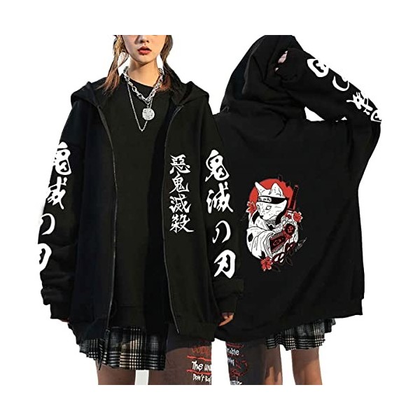 Femme Japonais Anime Pullover Veste Demon Slayer Hoodies Sweats à Capuche Anime Zip-up Pull Cosplay Unisex S, Noir2 