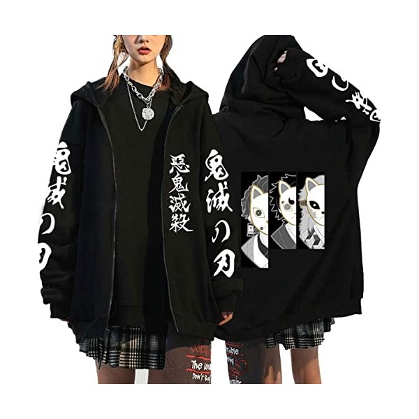 Femme Japonais Anime Pullover Veste Demon Slayer Hoodies Sweats à Capuche Anime Zip-up Pull Cosplay Unisex S, Noir2 