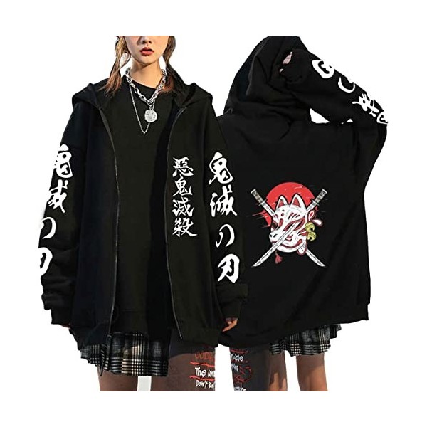 Femme Japonais Anime Pullover Veste Demon Slayer Hoodies Sweats à Capuche Anime Zip-up Pull Cosplay Unisex S, Noir2 