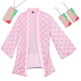 Amycute Demon Slayer Cosplay, Unisexe Demon Slayer Cosplay Costume Cape Boucles doreilles Collier Anime Kimono Japonais Anim