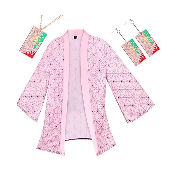 Amycute Demon Slayer Cosplay, Unisexe Demon Slayer Cosplay Costume Cape Boucles doreilles Collier Anime Kimono Japonais Anim