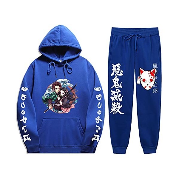 Yumenam Unisexe Survêtement 2pcs Ensemble Kimetsu No Yaiba Tanjirou Nezuko 3D Impression Manches Longues Casual Sweat à Capuc