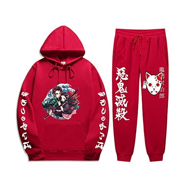 Yumenam Unisexe Survêtement 2pcs Ensemble Kimetsu No Yaiba Tanjirou Nezuko 3D Impression Manches Longues Casual Sweat à Capuc