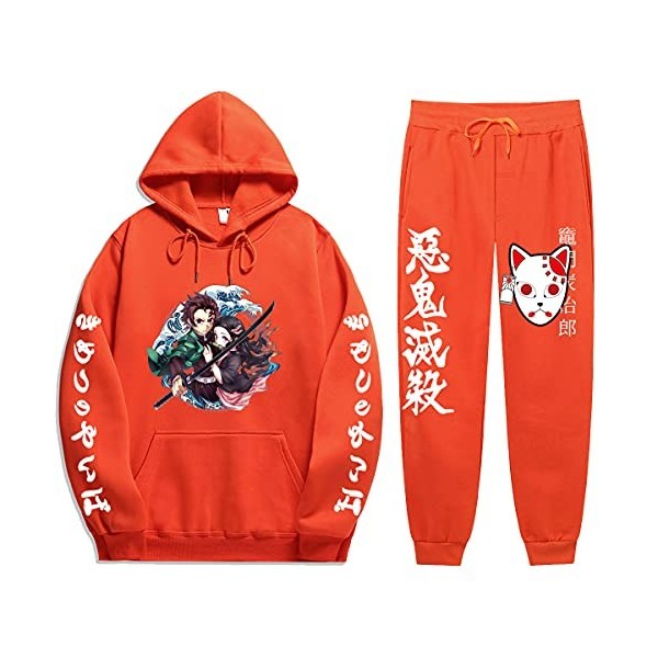 Yumenam Unisexe Survêtement 2pcs Ensemble Kimetsu No Yaiba Tanjirou Nezuko 3D Impression Manches Longues Casual Sweat à Capuc