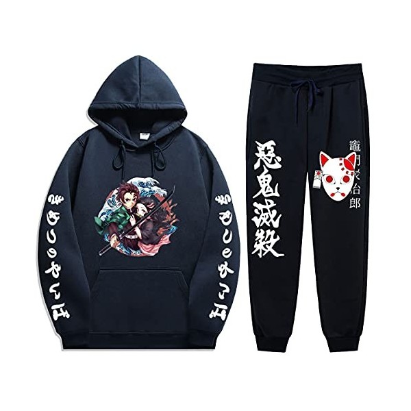 Yumenam Unisexe Survêtement 2pcs Ensemble Kimetsu No Yaiba Tanjirou Nezuko 3D Impression Manches Longues Casual Sweat à Capuc