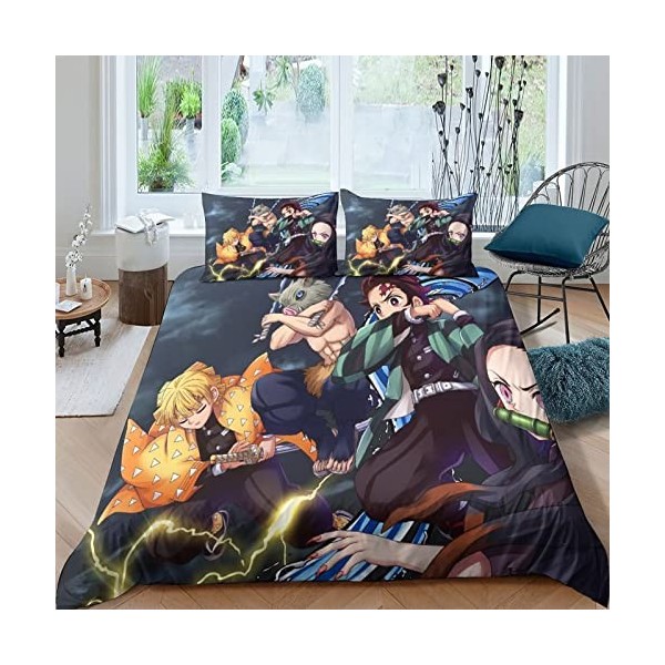 Demon Slayer Parure De Lit en Microfibre avec Housse De Couette Imprimée en 3D,Housse De Couettes pour Enfant, Style 3 Pièces