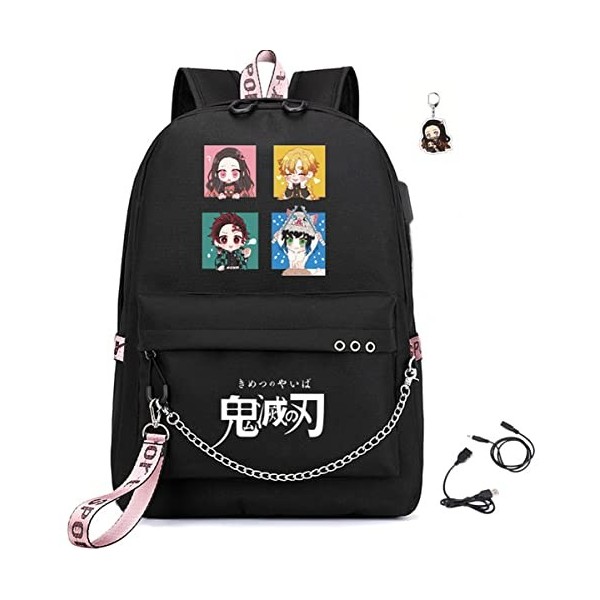 FSRONGXI Sac à dos Demon Slayer for School Nezuko Backpack Anime Rucksack with USB Charging Port, Free Keychain 17.7inch All