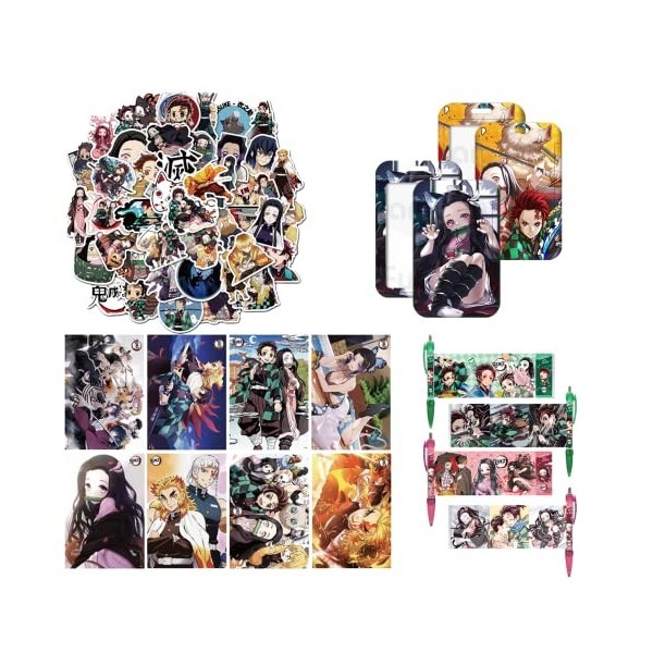 64PCS Coffret Cadeau Demon Slayer JEEON- Demon Slayer autocollants, Poster de dessin animé,Lanière, Stylo, Porte Cartes satis