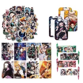 64PCS Coffret Cadeau Demon Slayer JEEON- Demon Slayer autocollants, Poster de dessin animé,Lanière, Stylo, Porte Cartes satis