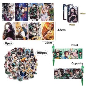 64PCS Coffret Cadeau Demon Slayer JEEON- Demon Slayer autocollants, Poster de dessin animé,Lanière, Stylo, Porte Cartes satis