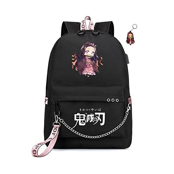 FSRONGXI Sac à dos Demon Slayer for School Nezuko Backpack Anime Rucksack with USB Charging Port, Free Keychain 17.7inch Nez