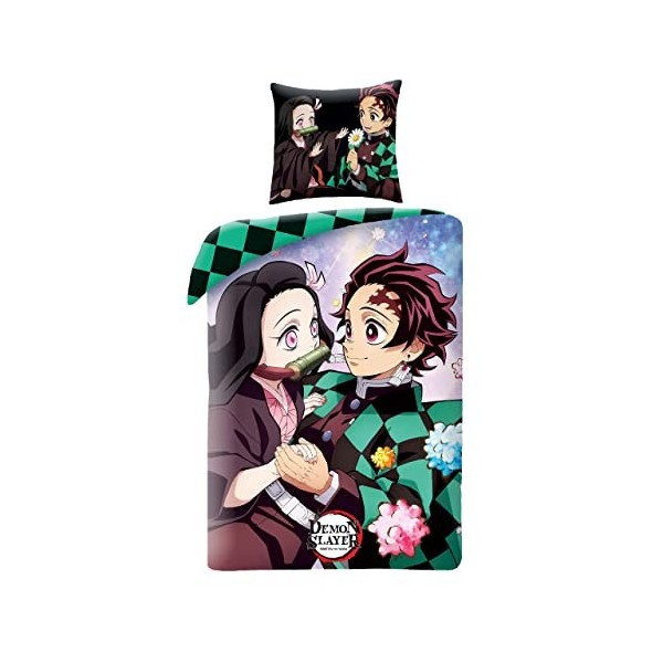 Elbenwald Anime Literie Demon Slayer avec Motif Nezuko & Tanjiro avec Fermeture éclair pour Hommes Femmes Unisexe Couverture 