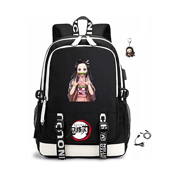 SPIRTUDE Sac à dos Demon Slayer Sac à dos nezuko sac à dos anime avec port de charge USB, porte - clés gratuit