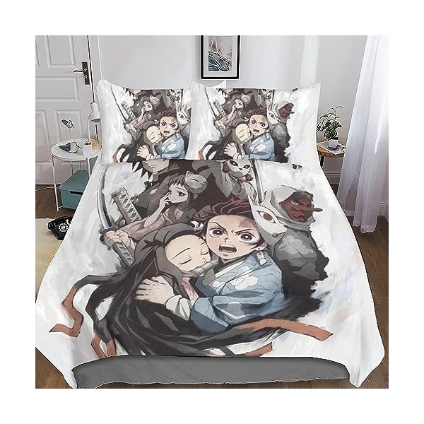 Entemah Demon Slayer Housses De Couettes Parure De Lit, Anime Housse De Couette en Microfibre Douce avec Fermeture Éclair, 3 