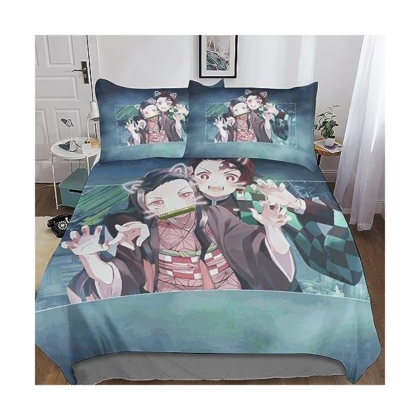 Entemah Demon Slayer Housses De Couettes Parure De Lit, Anime Housse De Couette en Microfibre Douce avec Fermeture Éclair, 3 