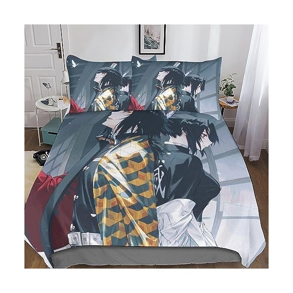 Entemah Demon Slayer Housses De Couettes Parure De Lit, Anime Housse De Couette en Microfibre Douce avec Fermeture Éclair, 3 