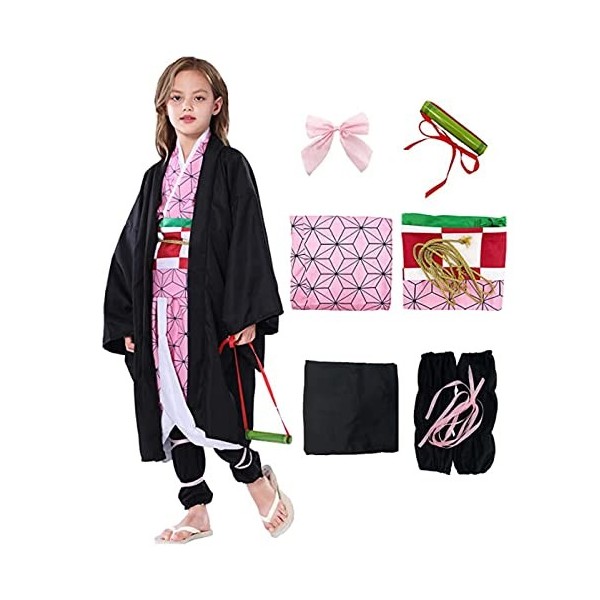 Heionia 6PCS Nezuko Tanjiro Cosplay Déguisement Enfants Kamado Nezuko Tanjiro Costume Kimono Cape Filles Garçons avec Accesso