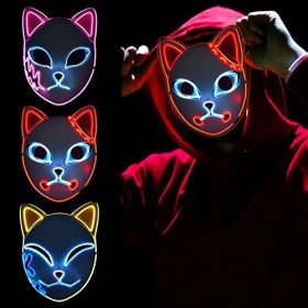 Lot de 3 masques Demon Slayer Fox à DEL pour cosplay, déguisement dHalloween japonais pour adultes 3 pièces 
