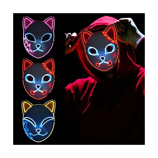 Lot de 3 masques Demon Slayer Fox à DEL pour cosplay, déguisement dHalloween japonais pour adultes 3 pièces 