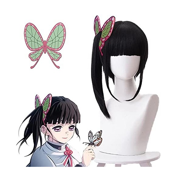 animacoser Demon Slayer Perruque de cosplay Tsuyuri Kanao avec clip papillon Kimetsu no Yaiba Noir