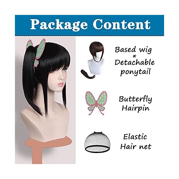 animacoser Demon Slayer Perruque de cosplay Tsuyuri Kanao avec clip papillon Kimetsu no Yaiba Noir
