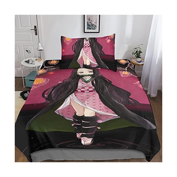 BRILLX Kamado Nezuko Bedding 3D Housse De Couette Imprimé Floral Parure De Lit en Microfibre Parure De Lit Doudou Couvertures