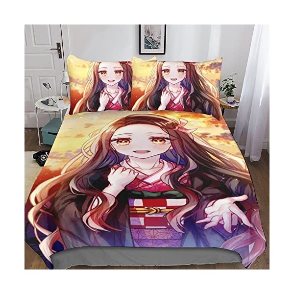 BRILLX Kamado Nezuko Bedding 3D Housse De Couette Imprimé Floral Parure De Lit en Microfibre Parure De Lit Doudou Couvertures