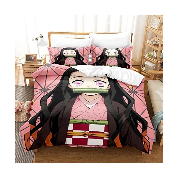 PTNQAZ Parure de lit Anime Demon Slayer Nezuko Kamado pour filles Cadeau pour enfants double, 3 , Full