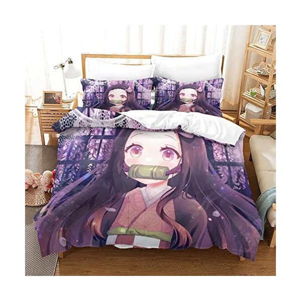 Demon Slayer Parure de lit pour enfant en coton imprimé 3D, convient pour filles et adolescents, 1 housse de couette et 2 tai