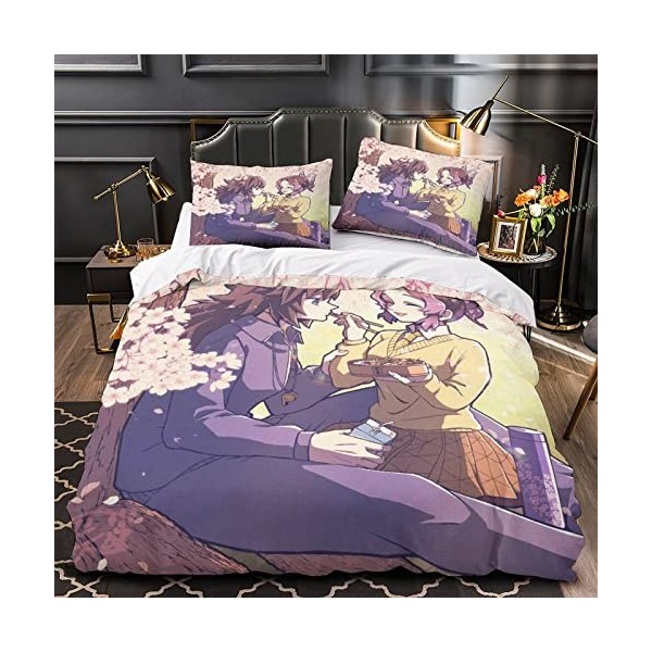 Demon Slayer Parure de lit pour enfant en coton imprimé 3D, convient pour filles et adolescents, 1 housse de couette et 2 tai