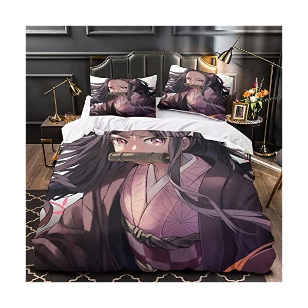 Demon Slayer Parure de lit pour enfant en coton imprimé 3D, convient pour filles et adolescents, 1 housse de couette et 2 tai