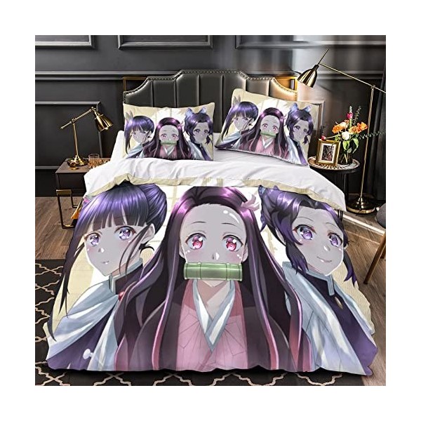 Demon Slayer Parure de lit pour enfant en coton imprimé 3D, convient pour filles et adolescents, 1 housse de couette et 2 tai