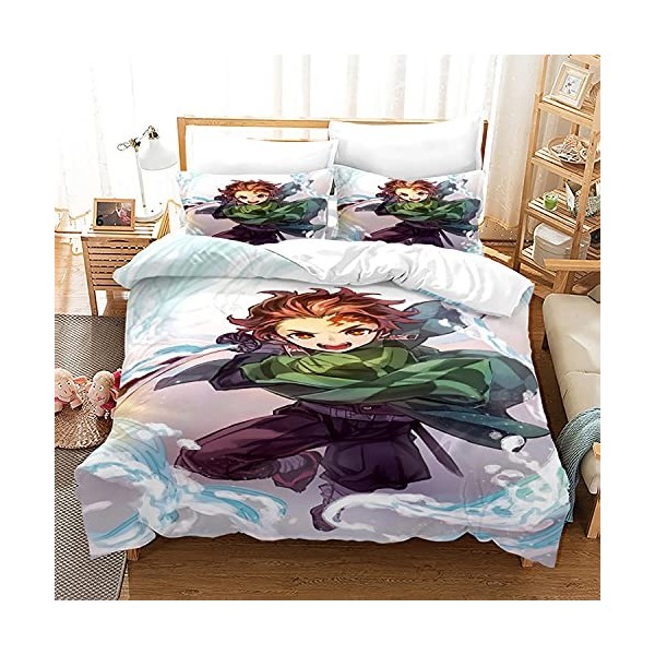 NICHIYOBI Demon Slayer Parure de lit 3 pièces avec housse de couette et taie doreiller, microfibre, impression numérique 3D 